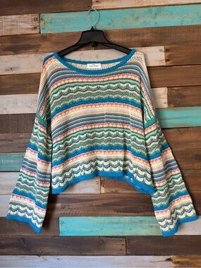Alluv Place Boho Crochet Knit Striped Crop Sweater Rainbow Bell Sleeve Y2K| L